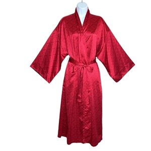 Natori Belted Satin Kimono Robe Womens M Dark Red Floral Accent Greek Key Print